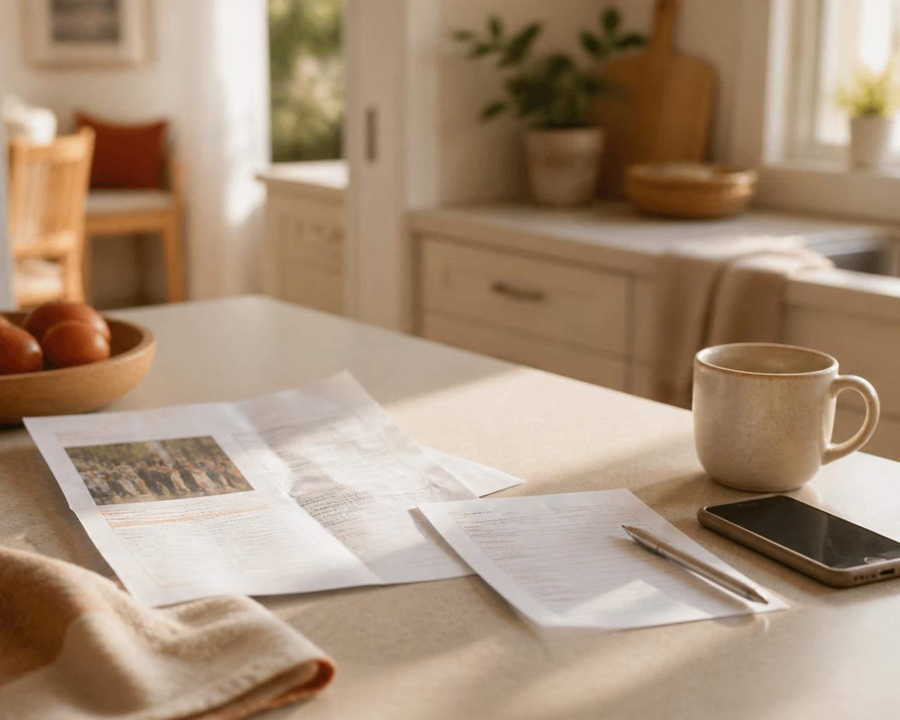A school newsletter and permission slip on a sunlit kitchen bench beside a phone
